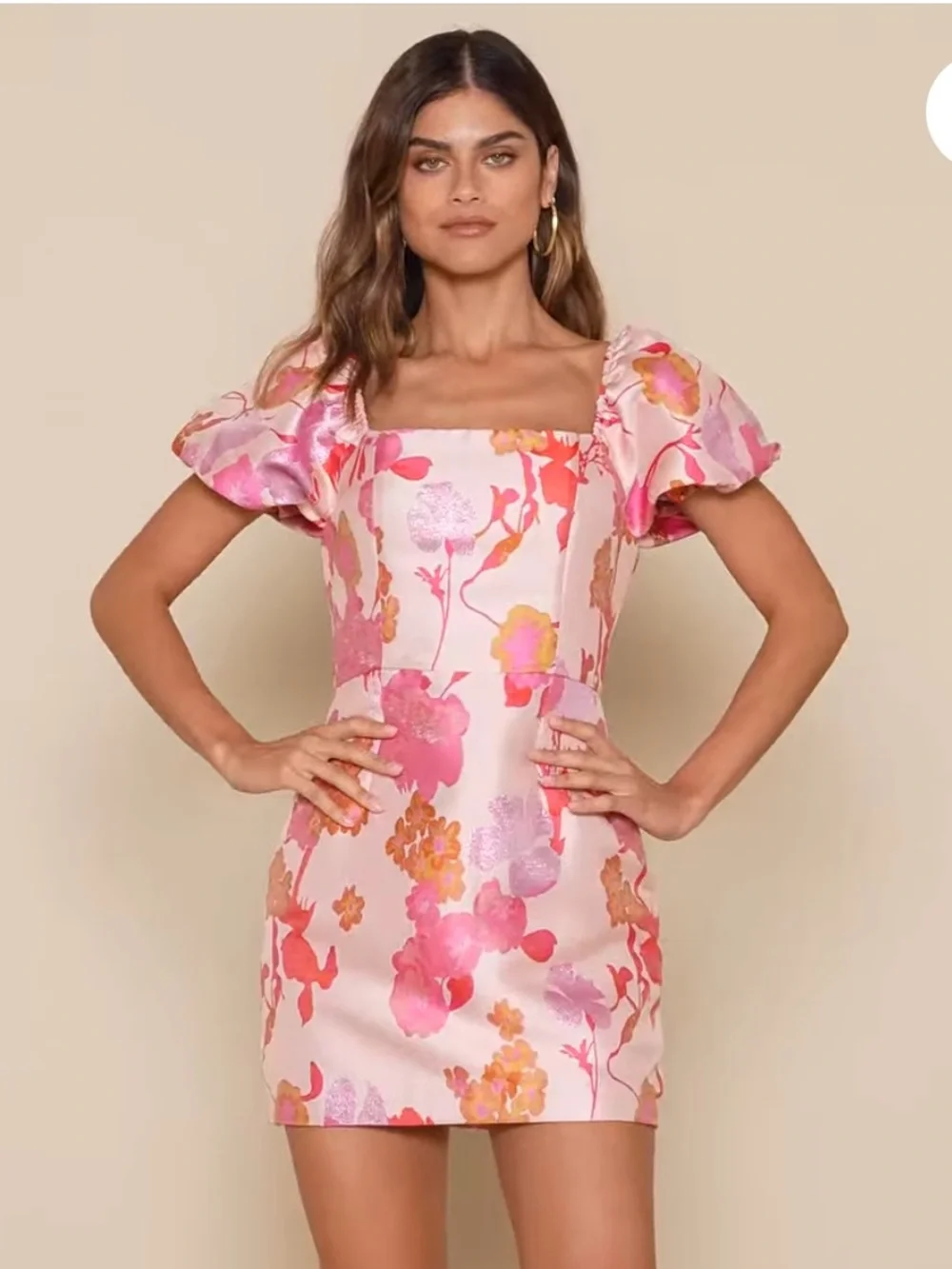 NWT Lulu's Pink & Coral Floral Puff-Sleeve Mini Dress - Picture 6 of 11